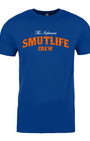 Royal blue crew neck t-shirt with "The Infamous SMUTLIFE CREW" in orange text.