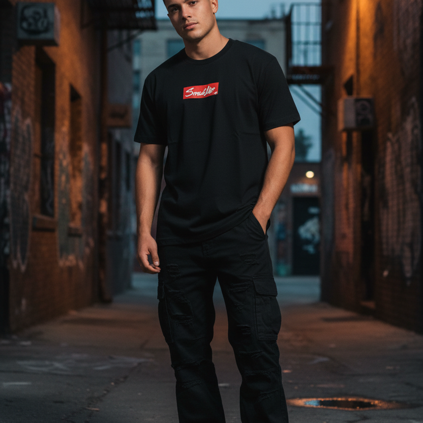 Man wearing a black SMUTLIFE NYC script felt unisex t-shirt with a red box logo, black cargo pants, and sneakers.