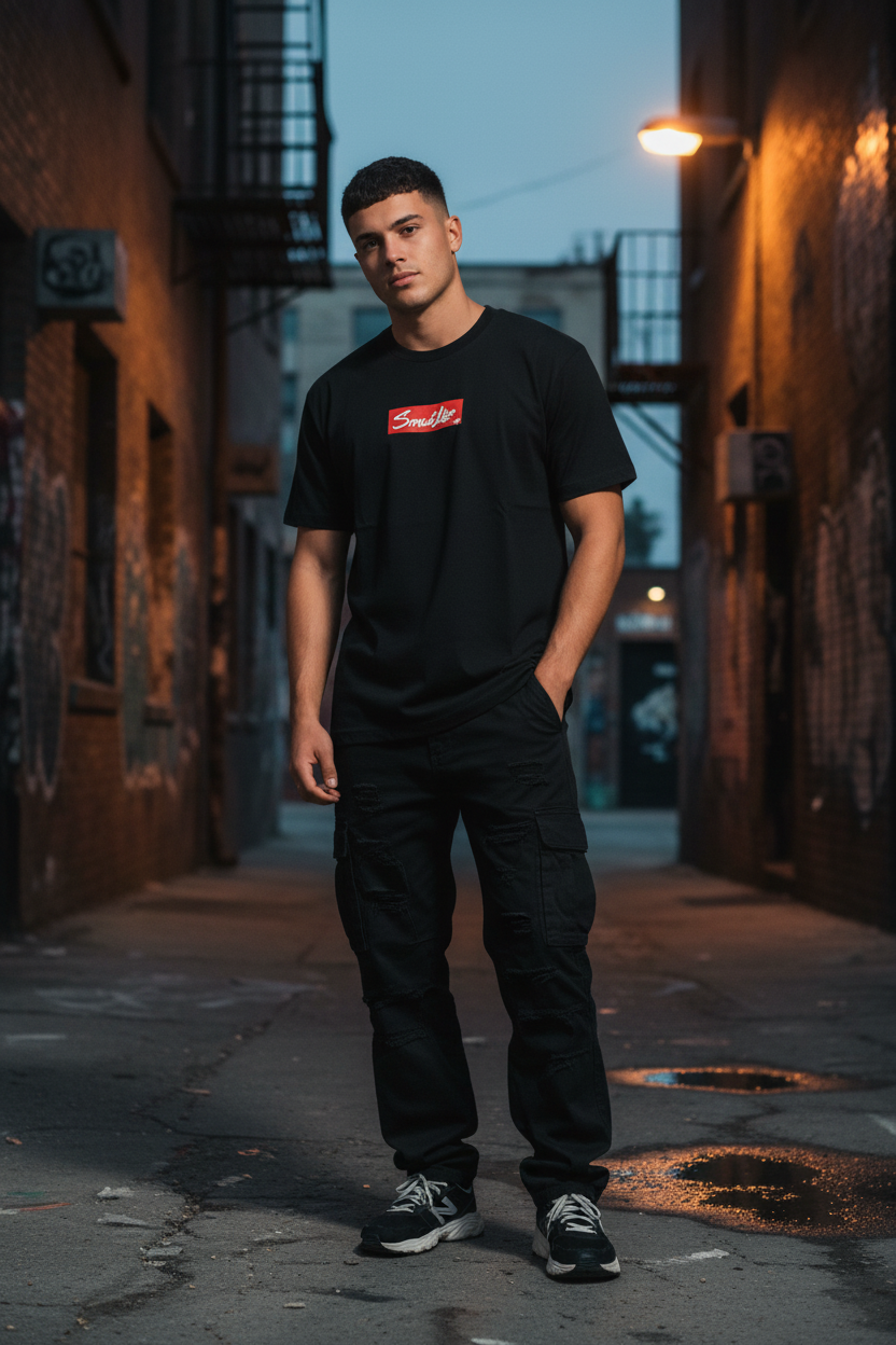Man wearing a black SMUTLIFE NYC script felt unisex t-shirt with a red box logo, black cargo pants, and sneakers.
