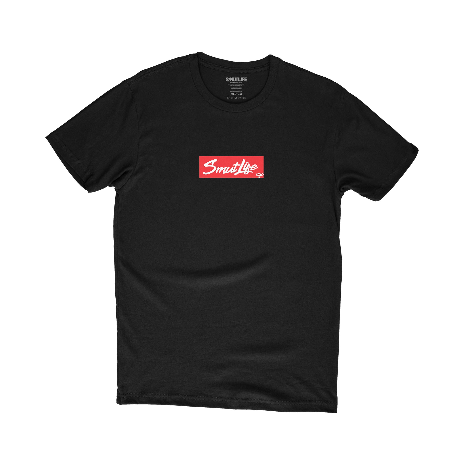 Black SMUTLIFE NYC script t-shirt with a red felt box logo on 100% combed ring-spun cotton.