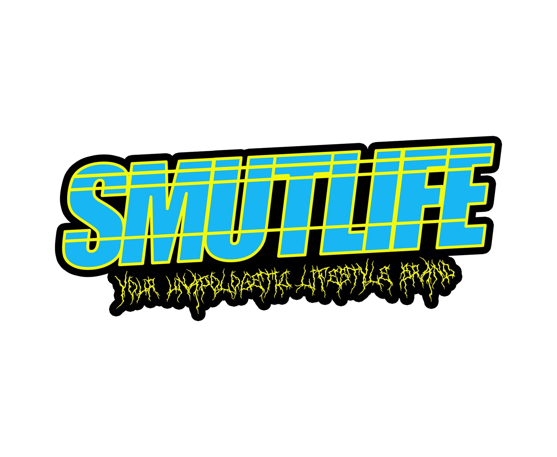 SMUTLIFE sticker: blue text with yellow outline, "YOUR HYPERGLOSSY LIFESTYLE BRAND" in black below.