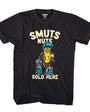 Black cotton tee with "SMUTS NUTS SOLD HERE" text and a cartoon peanut holding a skateboard and cigar.