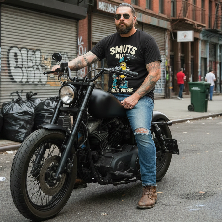Man on a black motorcycle wearing a black "SMUTS NUTS SOLD HERE" tee, ripped blue jeans, and brown boots.
