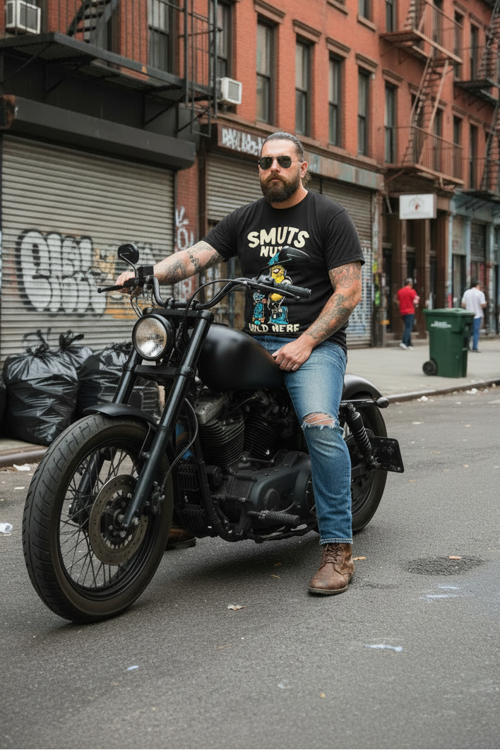 Man on a black motorcycle wearing a black "SMUTS NUTS SOLD HERE" tee, ripped blue jeans, and brown boots.