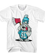 White men's Smut Slushie T-shirt with a dog mascot wearing a blue beanie and "SL" shirt, holding an axe and flipping the bird.