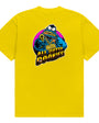 Yellow ALL OUTTA COOKIES T-shirt with a blue monster wearing a gold chain and holding a gun.