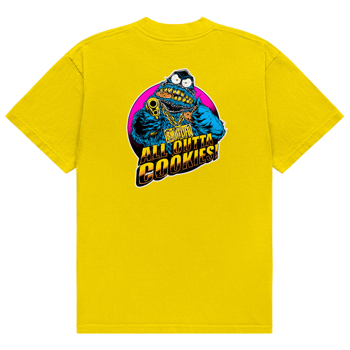Yellow ALL OUTTA COOKIES T-shirt with a blue monster wearing a gold chain and holding a gun.