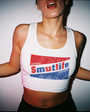 White Smutlife Bubble Gum Crop Top, retro red and blue logo, worn by a woman.