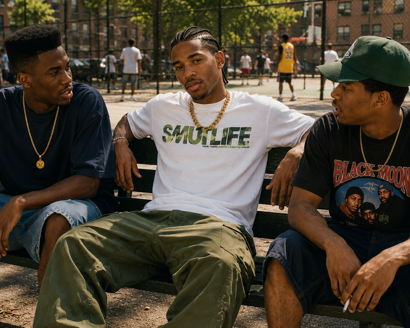 Man in white SMUTLIFE CAMO Logo Tee with gold chain, sitting on a bench outdoors.