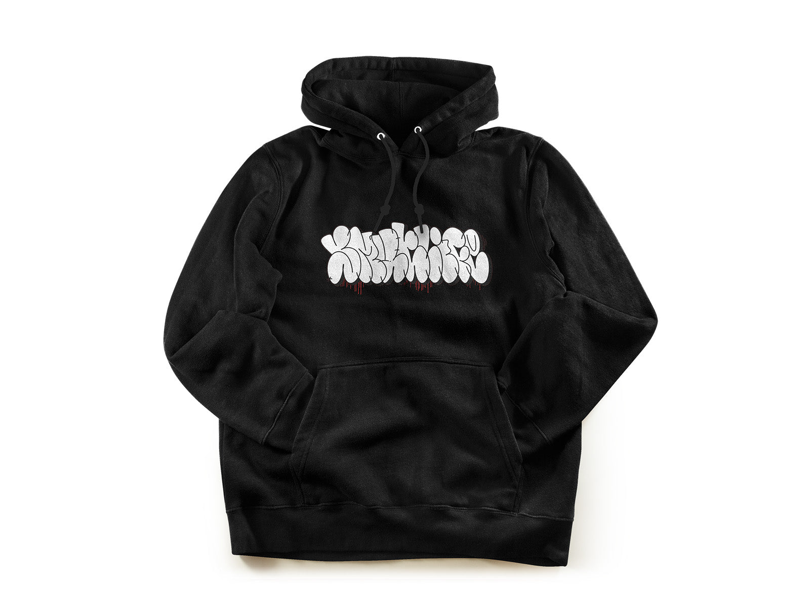 Black SMUTLIFE THROWIE heavyweight pullover hoodie with white bubble graffiti text and red drips.