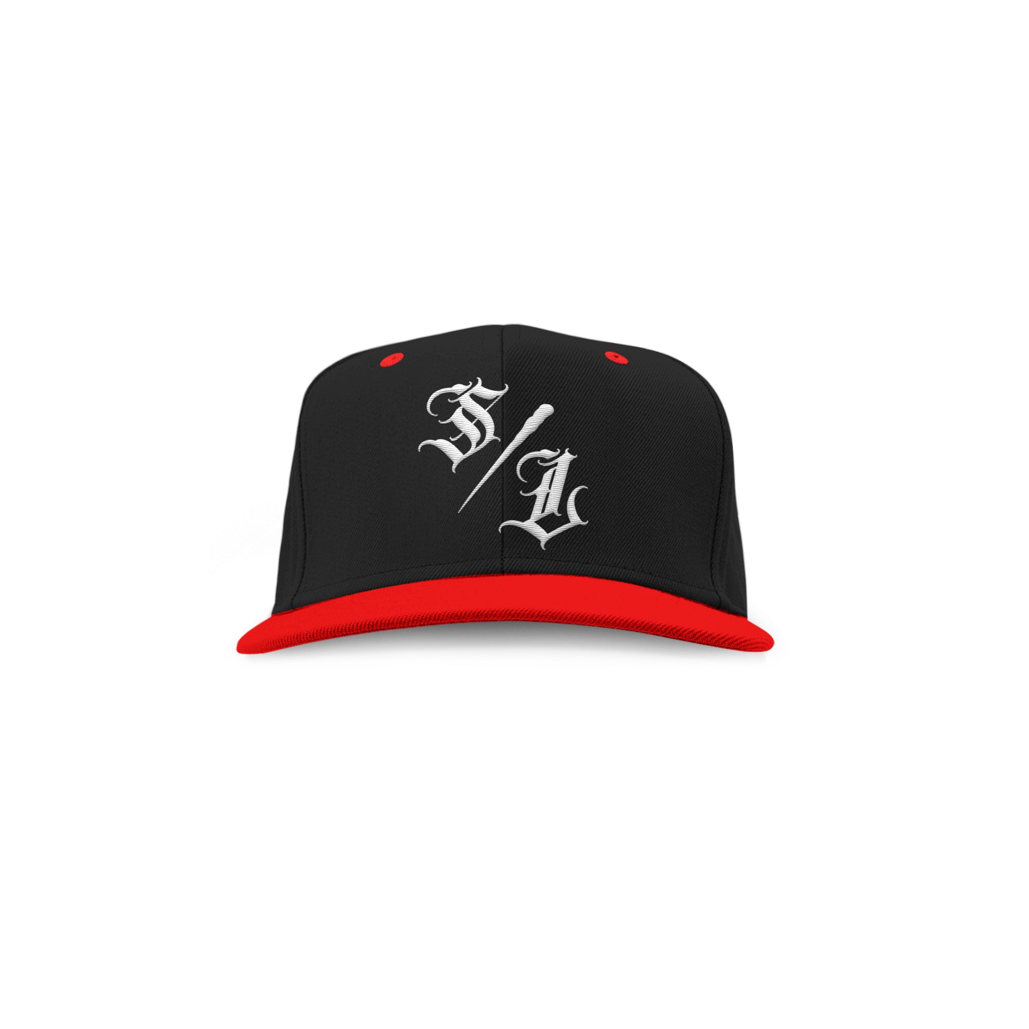 Black and red two-tone snapback hat with white "S/L" script embroidery, flat brim.