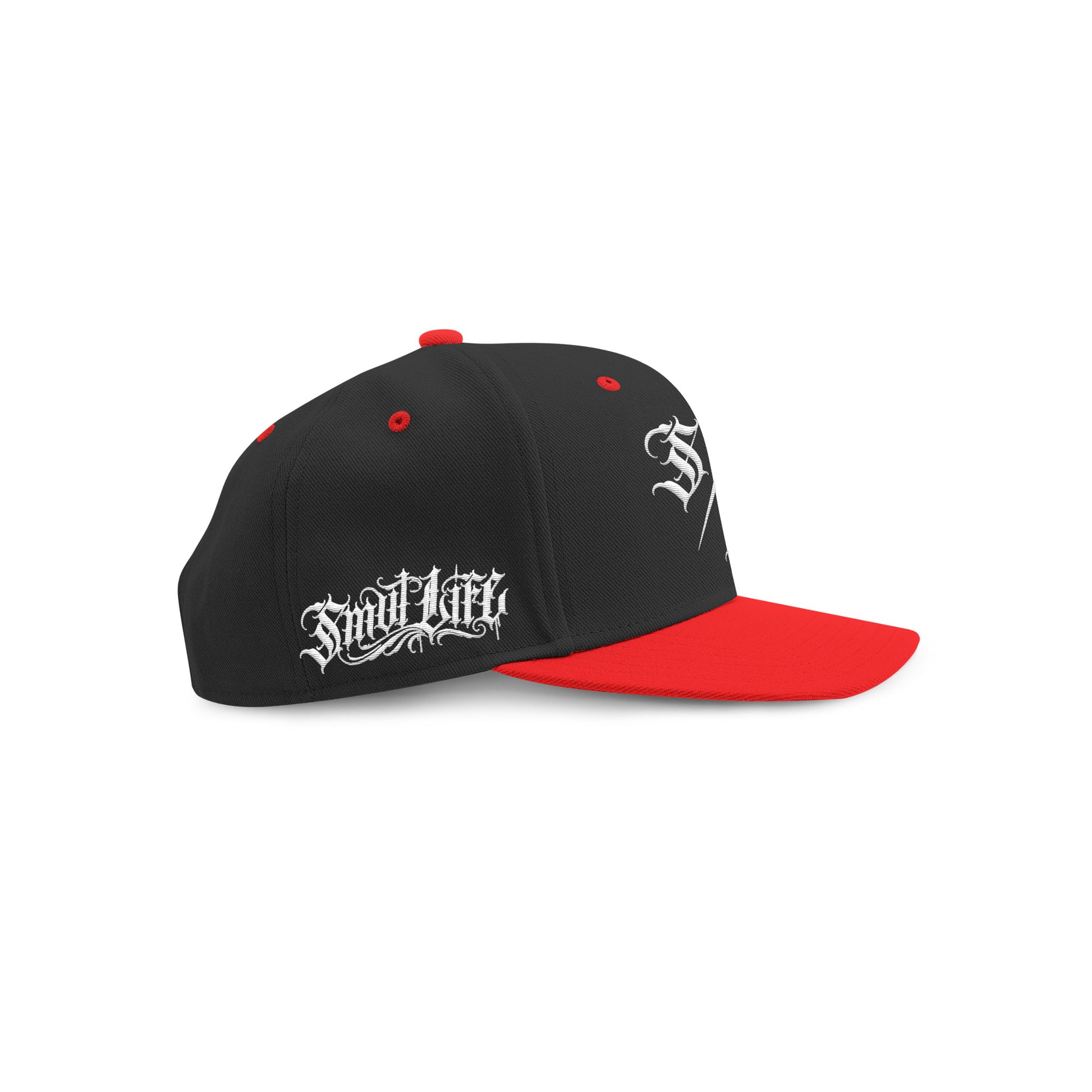 Smutlife S/L Script two-tone black and red flat brim snapback hat with white embroidered logo.