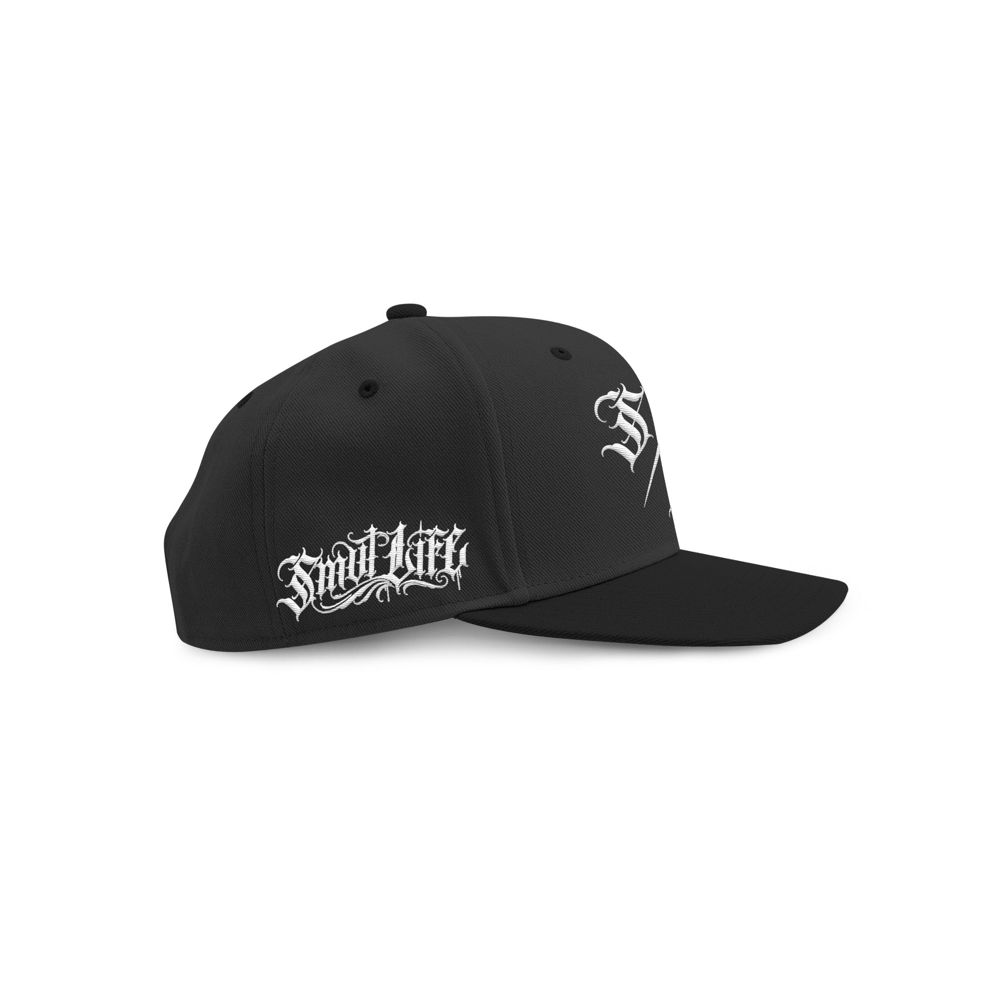 Black Smutlife S/L Script 6-panel snapback hat with white embroidered script on front and side.