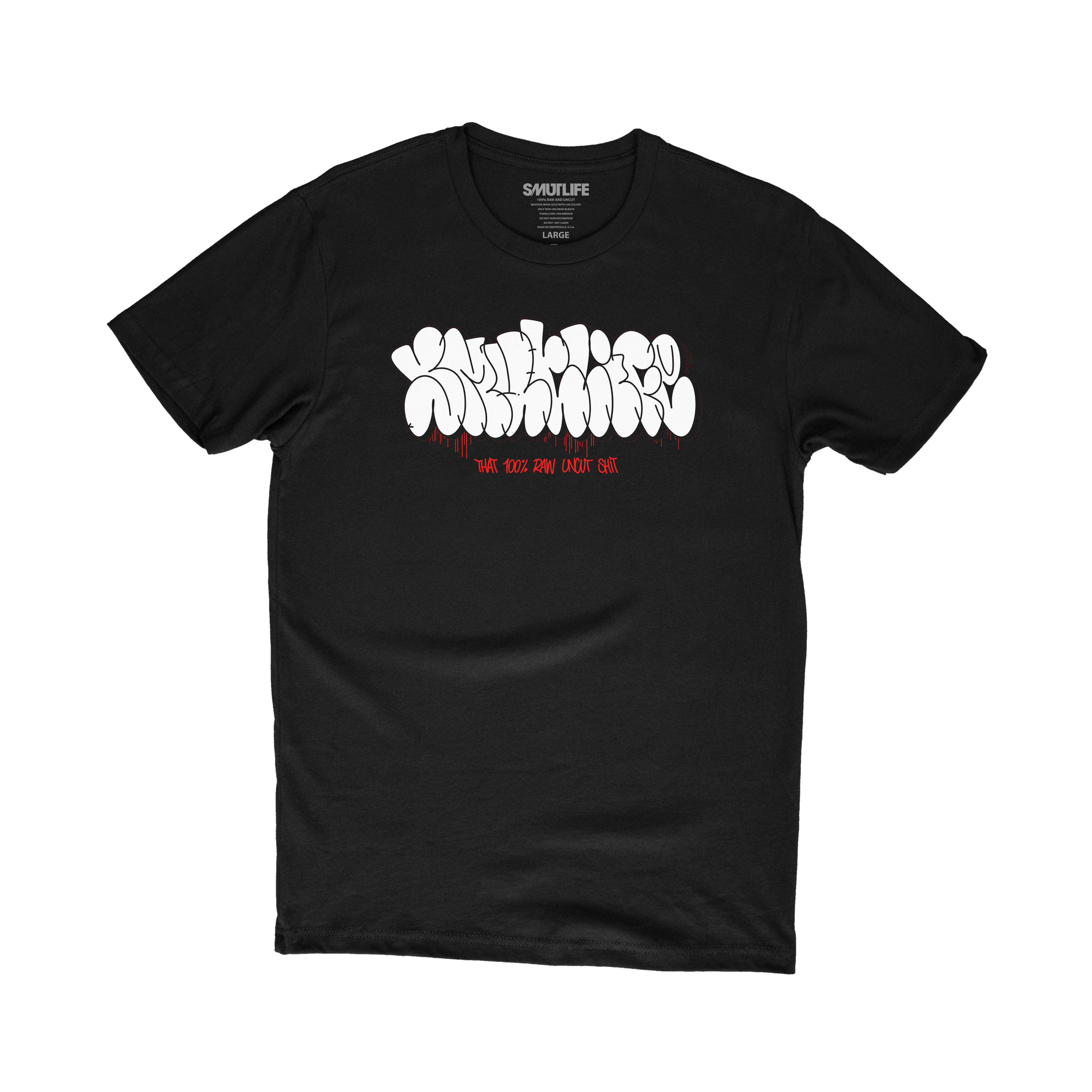 Black SMUTLIFE THROWIE T-shirt, size Large, with white graffiti graphic and red text.