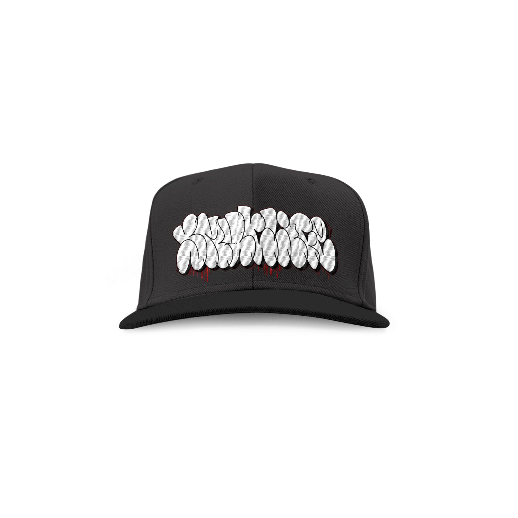 Black SMUTLIFE THROWIE 6-panel snapback hat with white graffiti text and red drips.