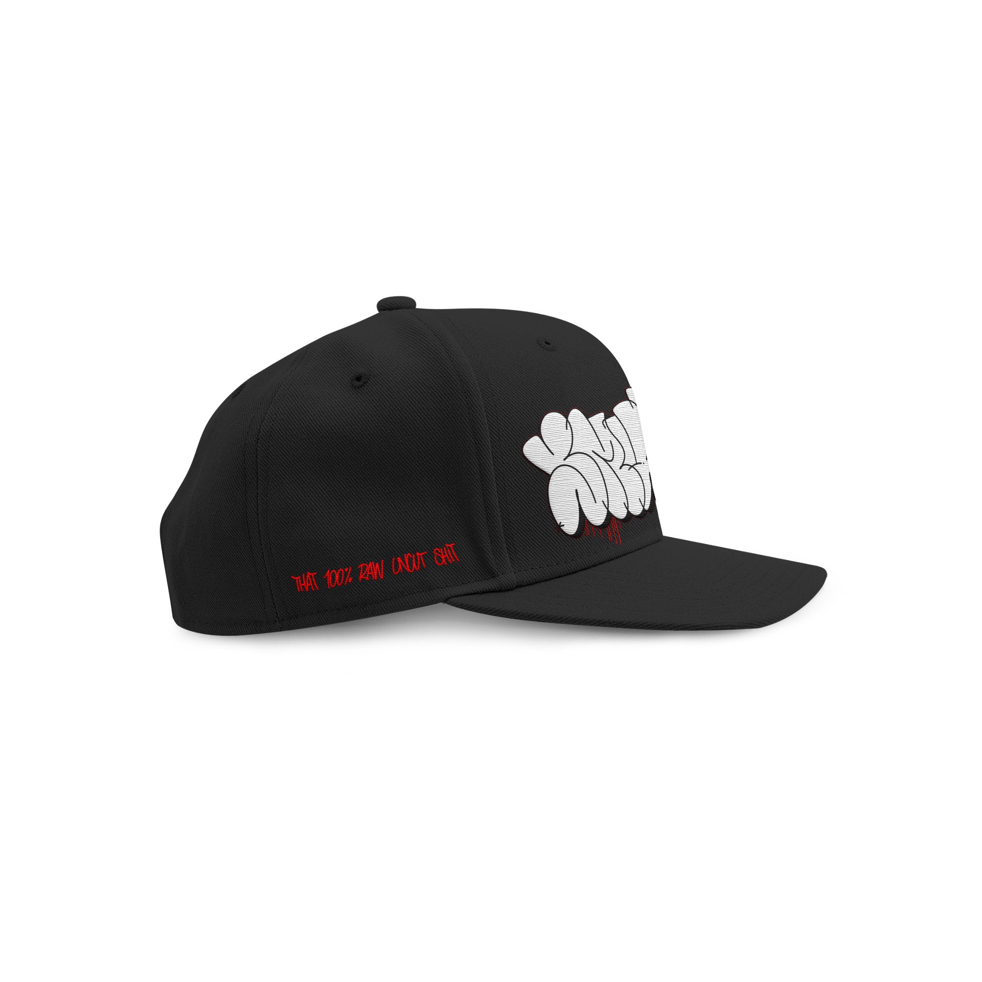Black SMUTLIFE THROWIE 6-panel snapback hat with white graffiti text and red "THAT 100% RAW UNCUT SHIT" embroidery.