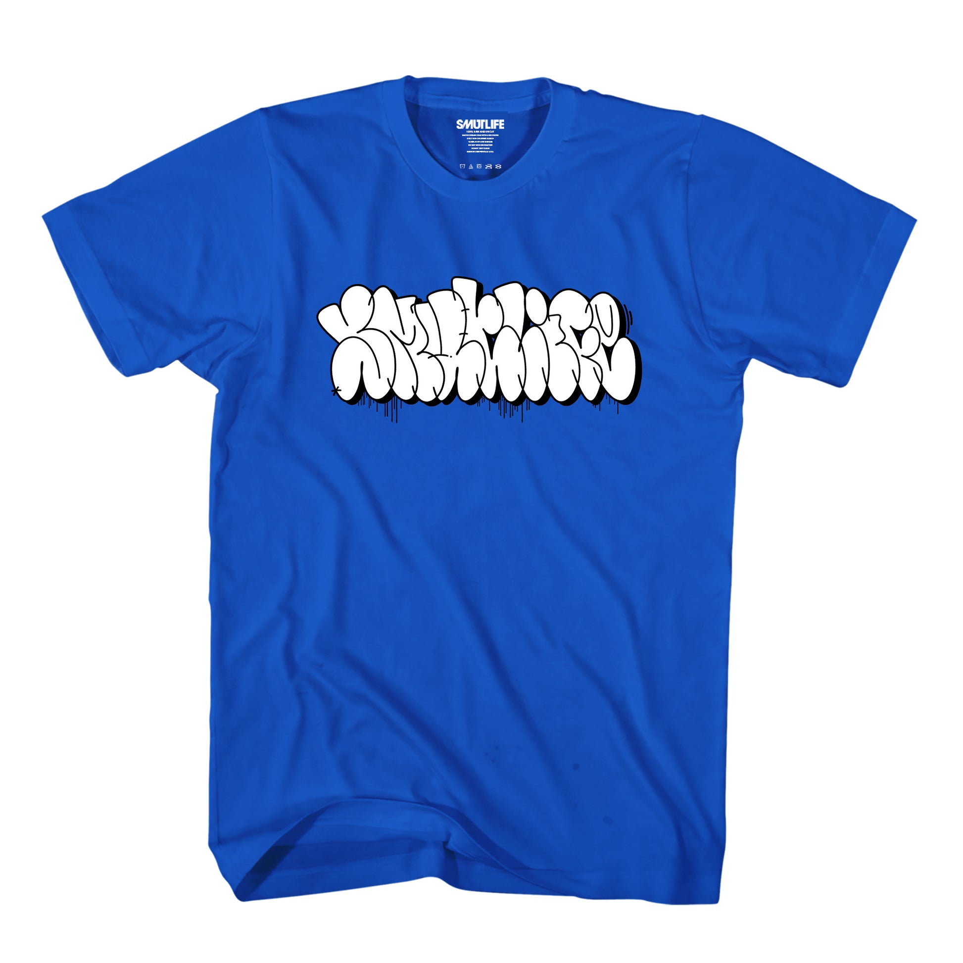 Dodger Blue Smutlife "THROWIE" T-shirt with white graffiti-style text on 100% combed ring-spun cotton.