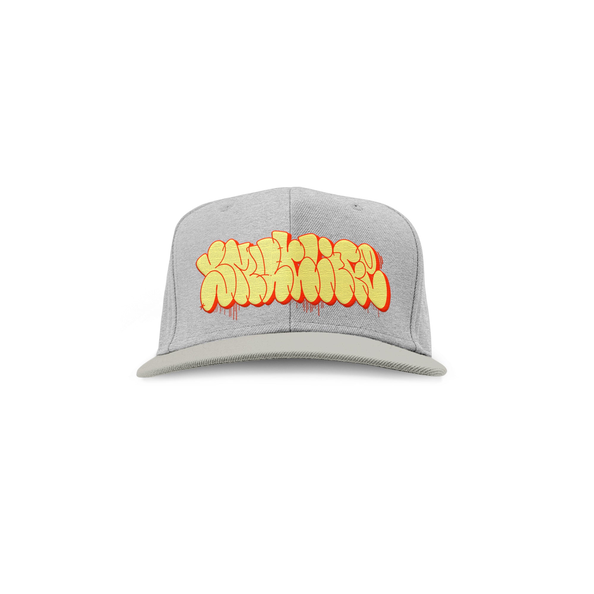 Smoke Grey SMUTLIFE THROWIE 6-Panel Snapback Hat with yellow and red graffiti logo.