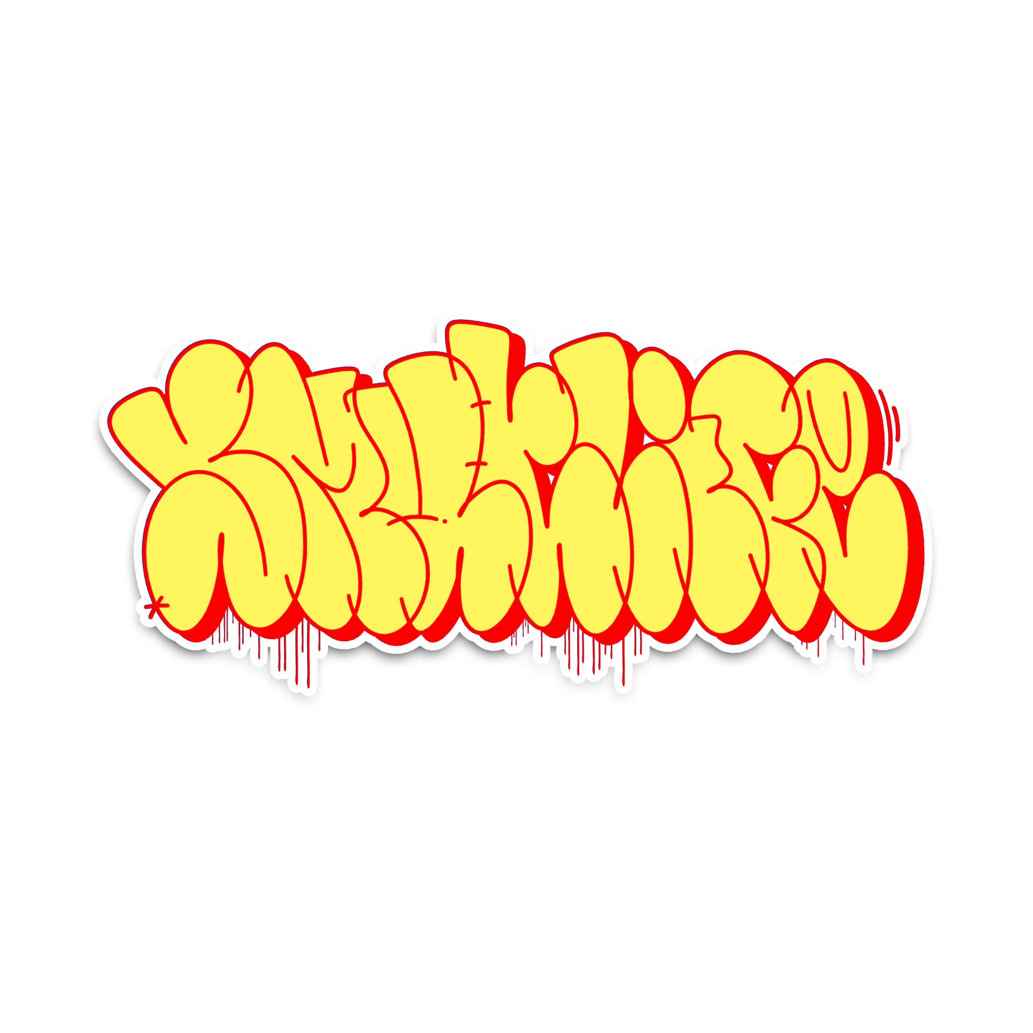 Smutlife THROWIE sticker, 2"x6" glossy yellow bubble letters with red outline and drips.