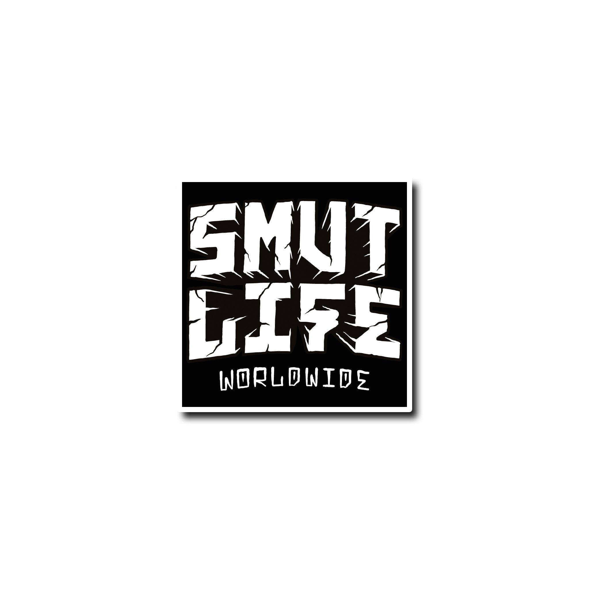 Black and white "SMUT LIFE WORLDWIDE" sticker with a glossy finish and distressed font.