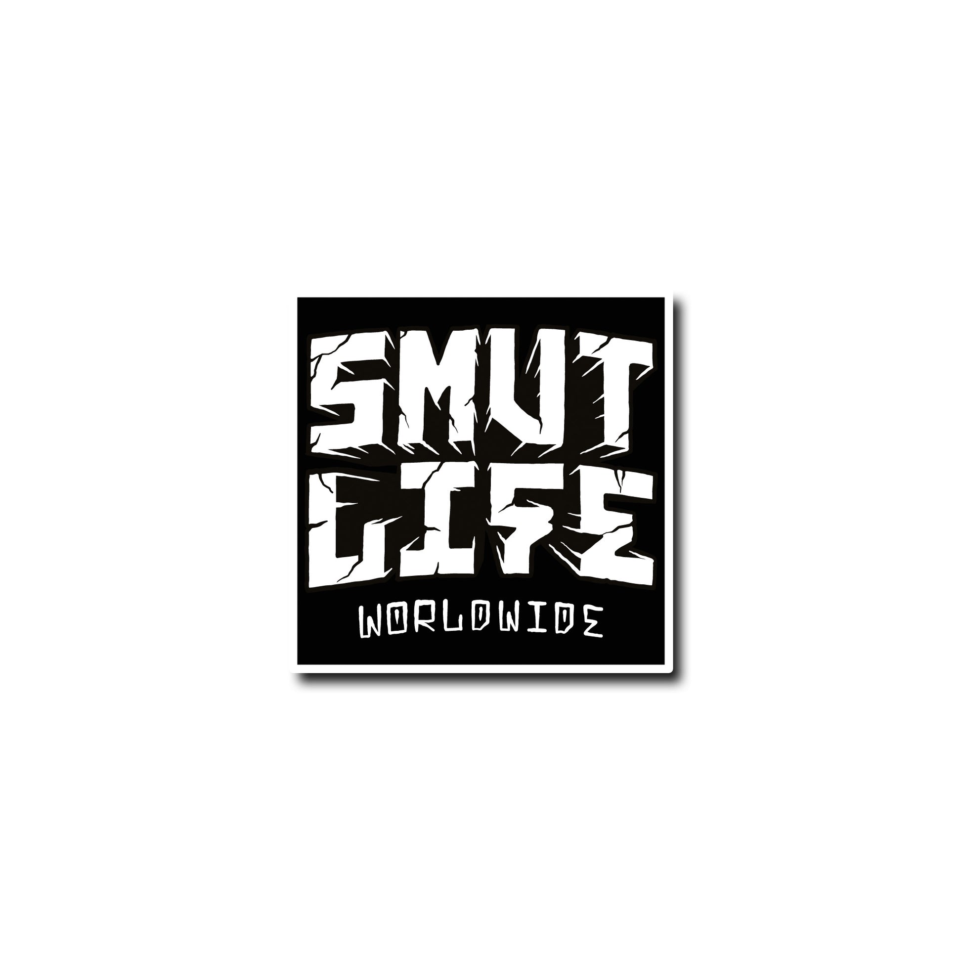 Black and white "SMUT LIFE WORLDWIDE" sticker with a glossy finish and distressed font.