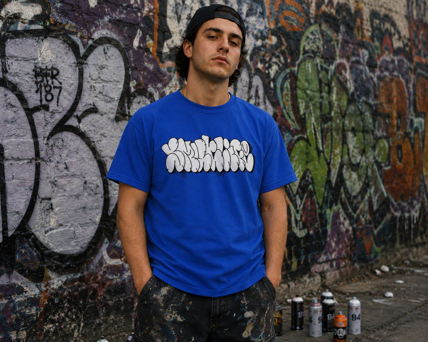 Man wearing a Dodger Blue Smutlife "THROWIE" T-shirt with white graffiti text, black cap, and paint-splattered shorts.