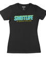 Black SMUTMATIC women's crew neck t-shirt with "SMUTLIFE" in blue and yellow, 100% cotton.