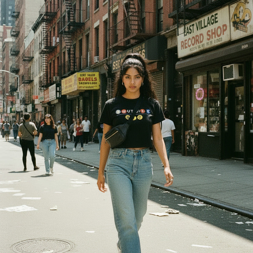 Woman in black SMUTLIFE NYC Subway Crop Top, light wash jeans, and fanny pack walking on a city street.