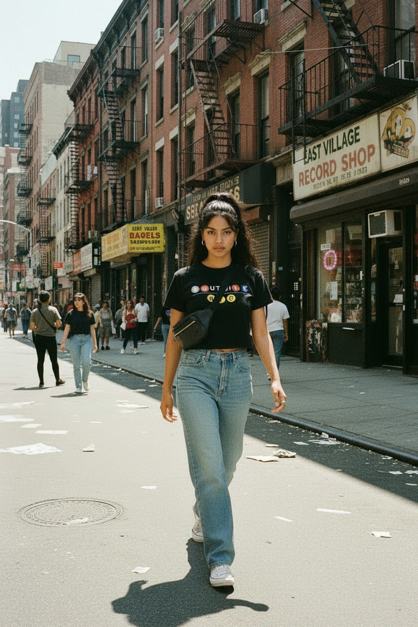 Woman in black SMUTLIFE NYC Subway Crop Top, light wash jeans, and fanny pack walking on a city street.