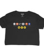 Black SMUTLIFE NYC Subway Crop Top, small, with colorful subway-style lettering.