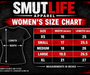 Black women's fitted tee size chart with SMUTLIFE APPAREL branding, showing width and length measurements.