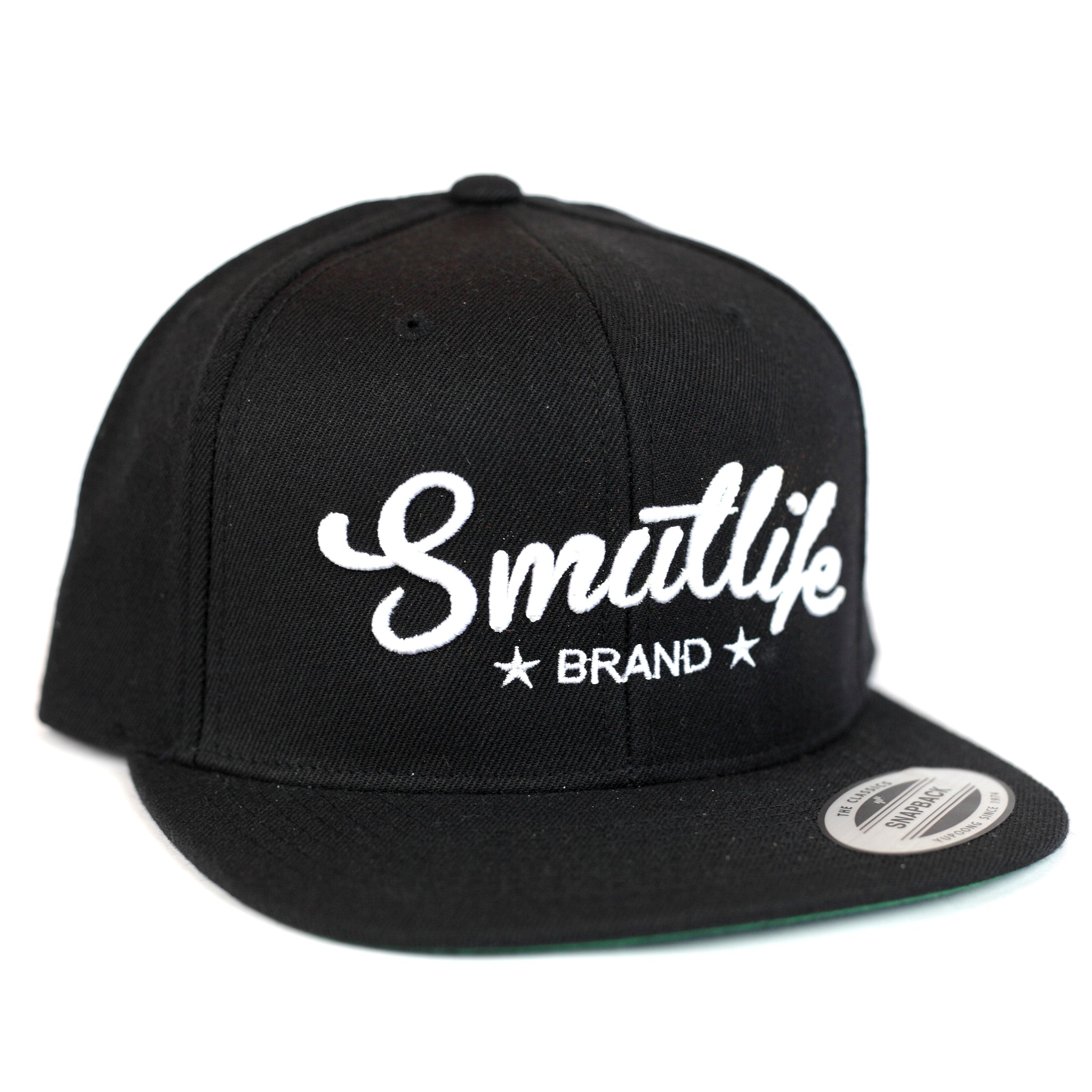 Black Smutlife Brand Tri-Star flatbrim snapback baseball hat with white embroidered logo.