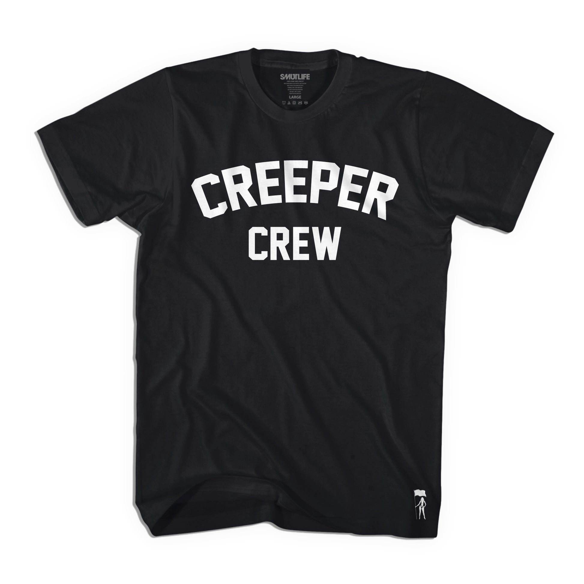 Black Smutlife Original CREEPER CREW men's tee with white "CREEPER CREW" text, 100% combed cotton.