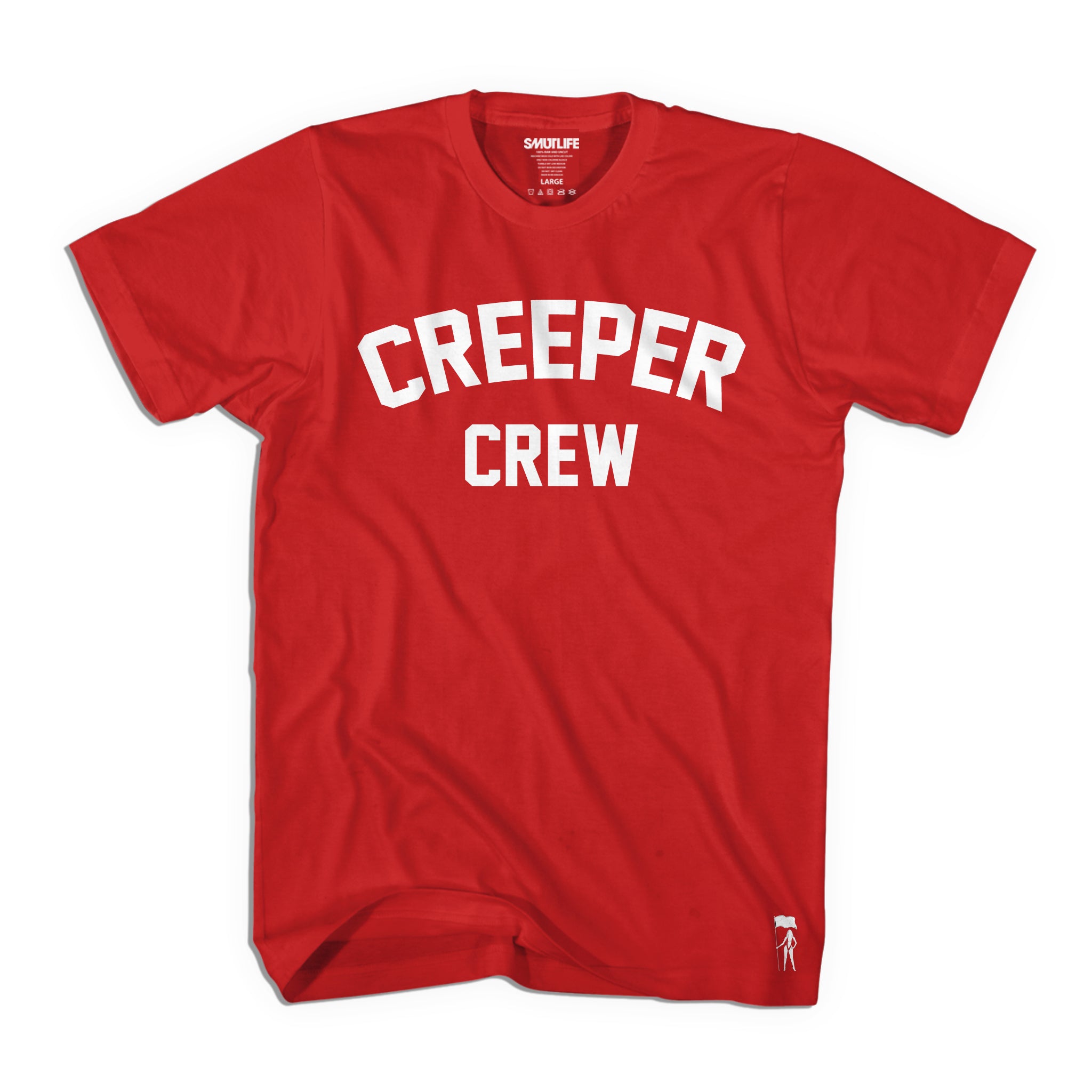 Red Smutlife Original CREEPER CREW men's large combed cotton tee with white text and small logo.
