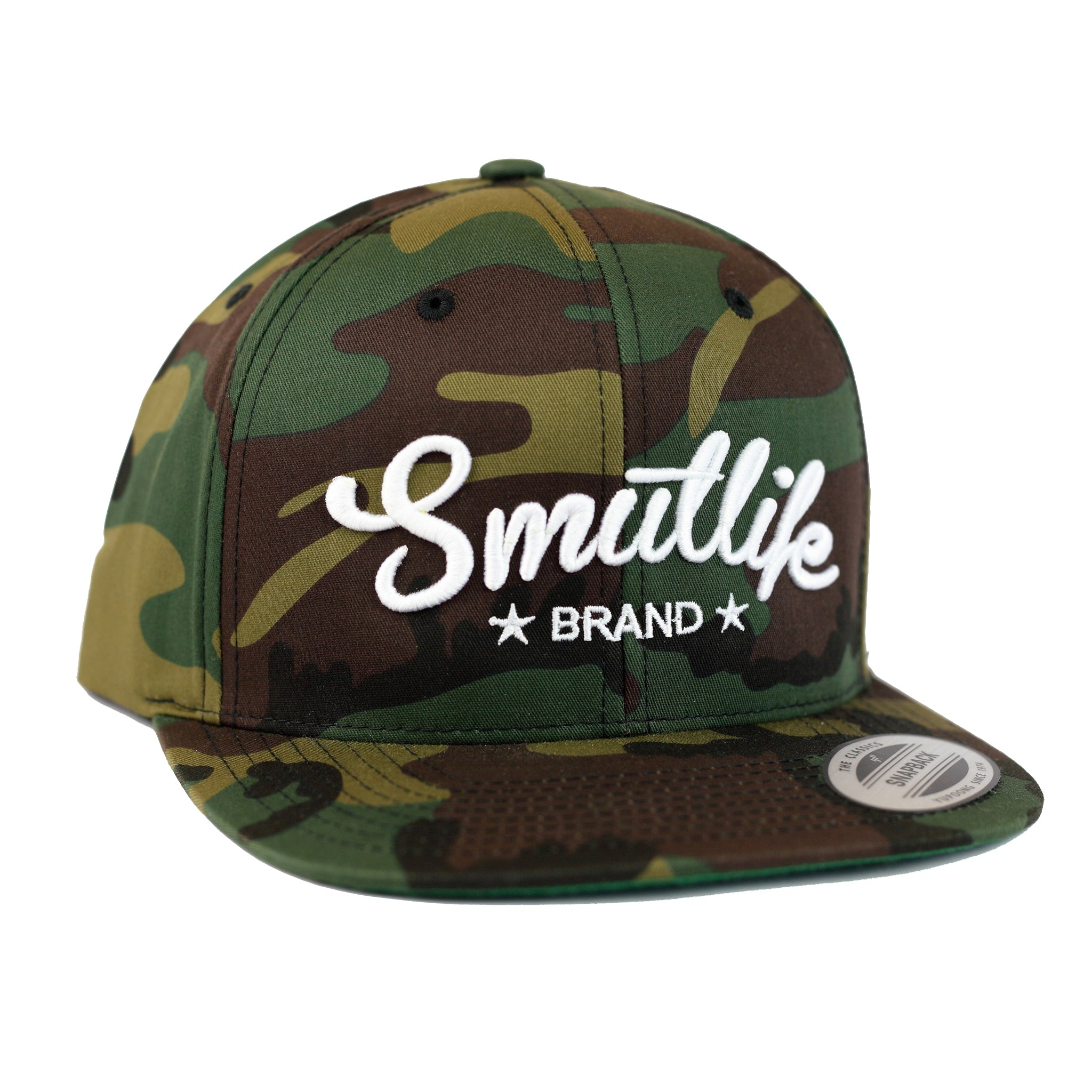 Camo Tri-Star Smutlife Brand snapback baseball hat with white script logo and flat brim.