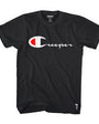 Black CREEPER Champ Tee for men, 100% combed cotton, with white "Creeper" logo and red C-shape.
