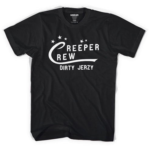 Black 100% combed cotton "CREEPER CREW DIRTY JERZY" tee with white text and stars.