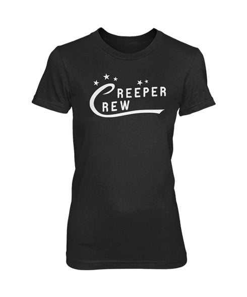 Black ladies' combed cotton tee with white "CREEPER CREW" text and three stars.
