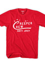 Red 100% combed cotton "Creeper Crew Dirty Jerzy" tee with white text and stars.
