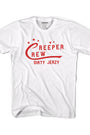 White combed cotton "CREEPER CREW DIRTY JERZY" tee with red text and stars, size Large.