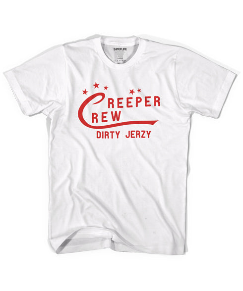 White combed cotton "CREEPER CREW DIRTY JERZY" tee with red text and stars, size Large.