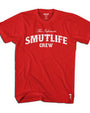 Red "The Infamous SMUTLIFE CREW" premium fitted short sleeve t-shirt with white text.