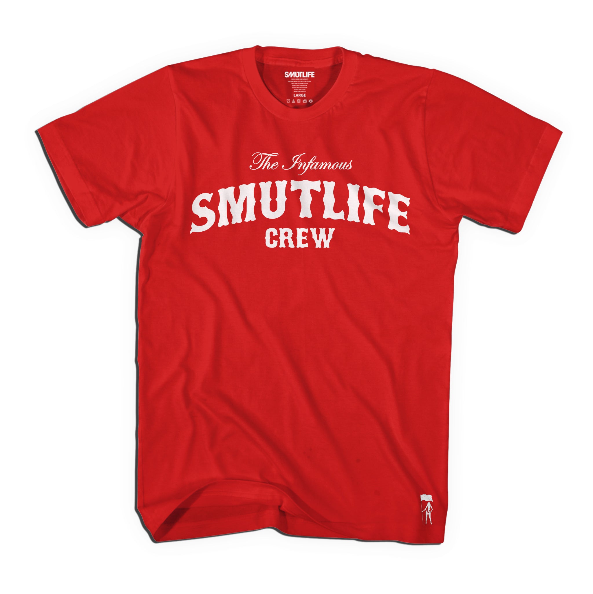 Red premium fitted SMUTLIFE CREW t-shirt for men, 100% combed ring-spun cotton, with white text.