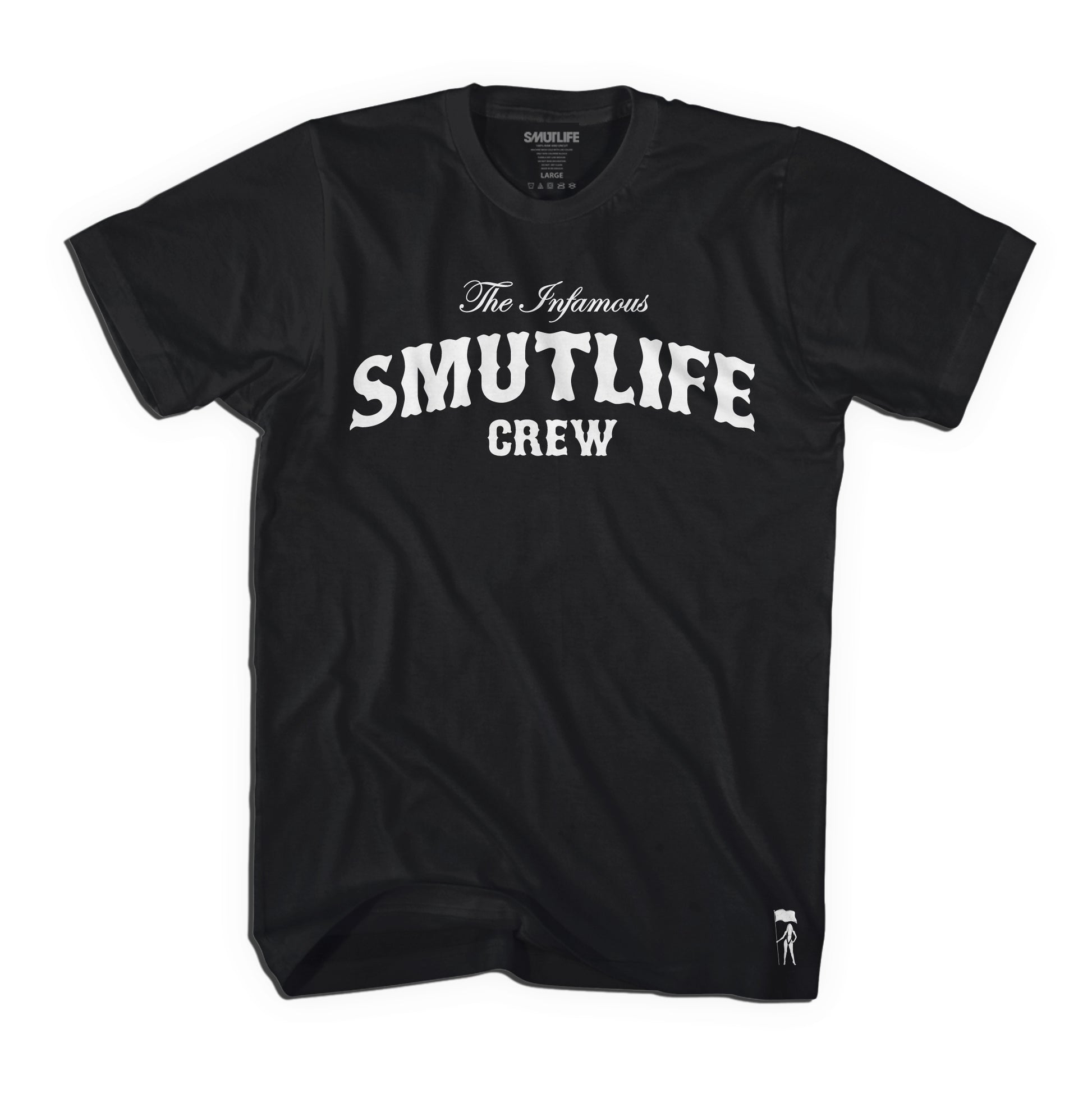 Black premium fit SMUTLIFE Crew t-shirt for men, made of combed ring-spun cotton with white text.
