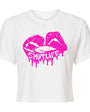 White women's cropped tee with fuchsia "SHUT LIFE" dripping lips tattoo design.