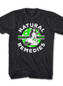 Black 100% combed cotton tee with "NATURAL REMEDIES" text, a woman smoking, and green cannabis leaves.
