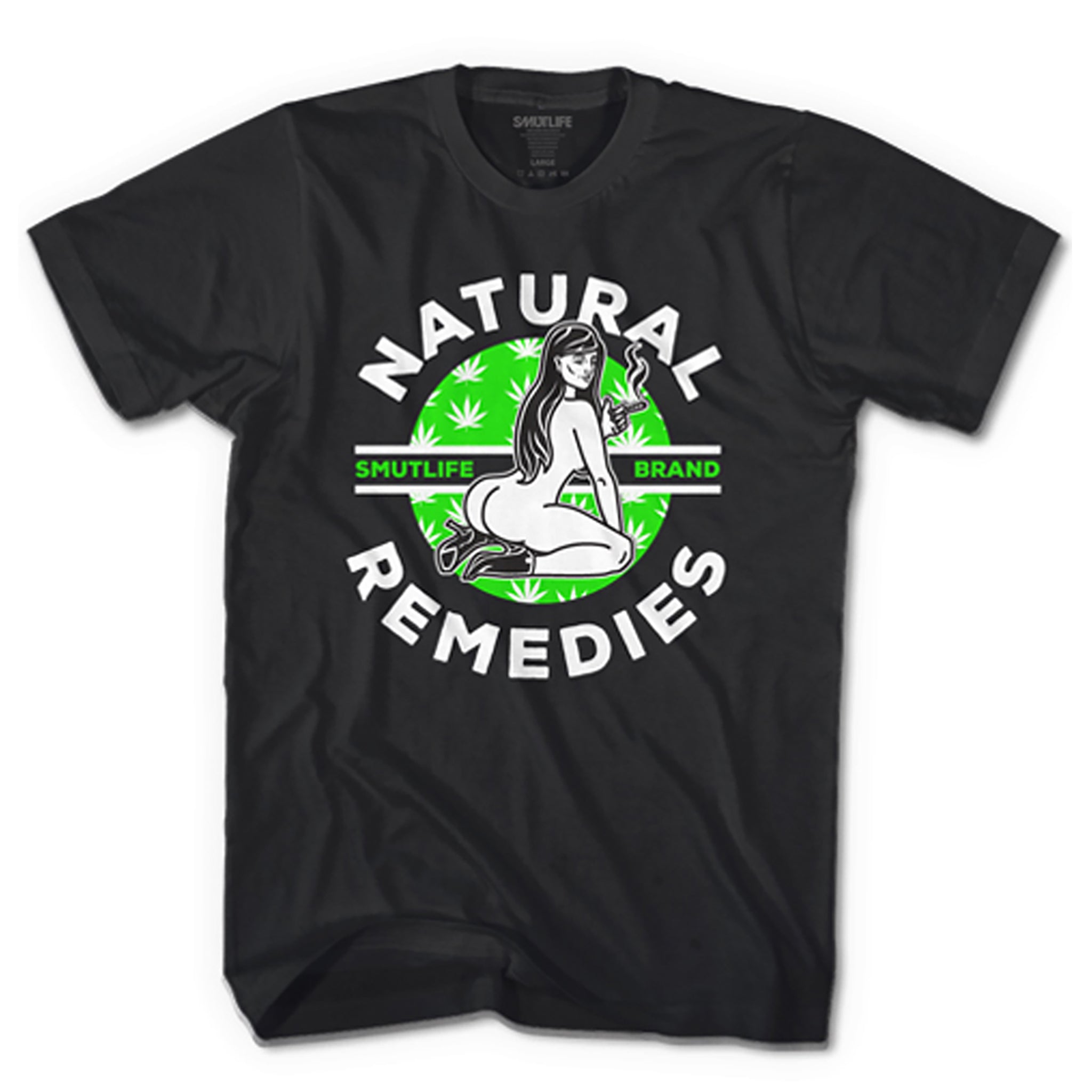 Black 100% combed cotton tee with "NATURAL REMEDIES" text, a woman smoking, and green cannabis leaves.