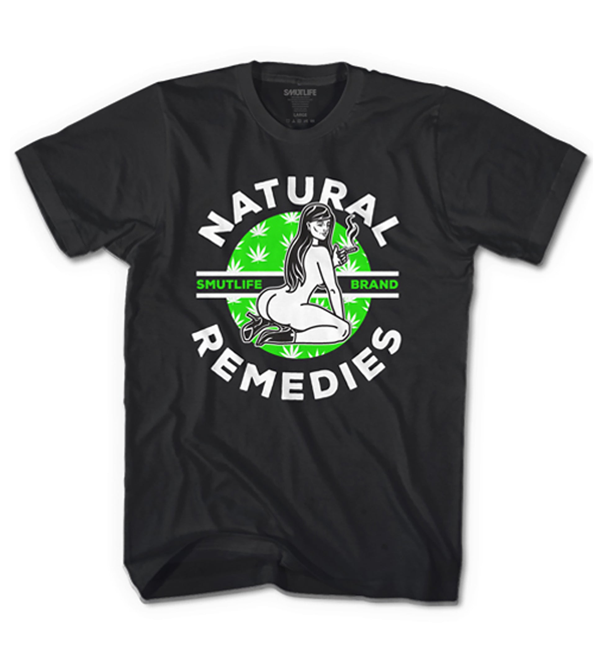 Black 100% combed cotton tee with "NATURAL REMEDIES" text, a woman smoking, and green cannabis leaves.