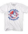 White combed cotton men's tee with "NATURAL REMEDIES" text, a woman smoking, and cannabis leaves.