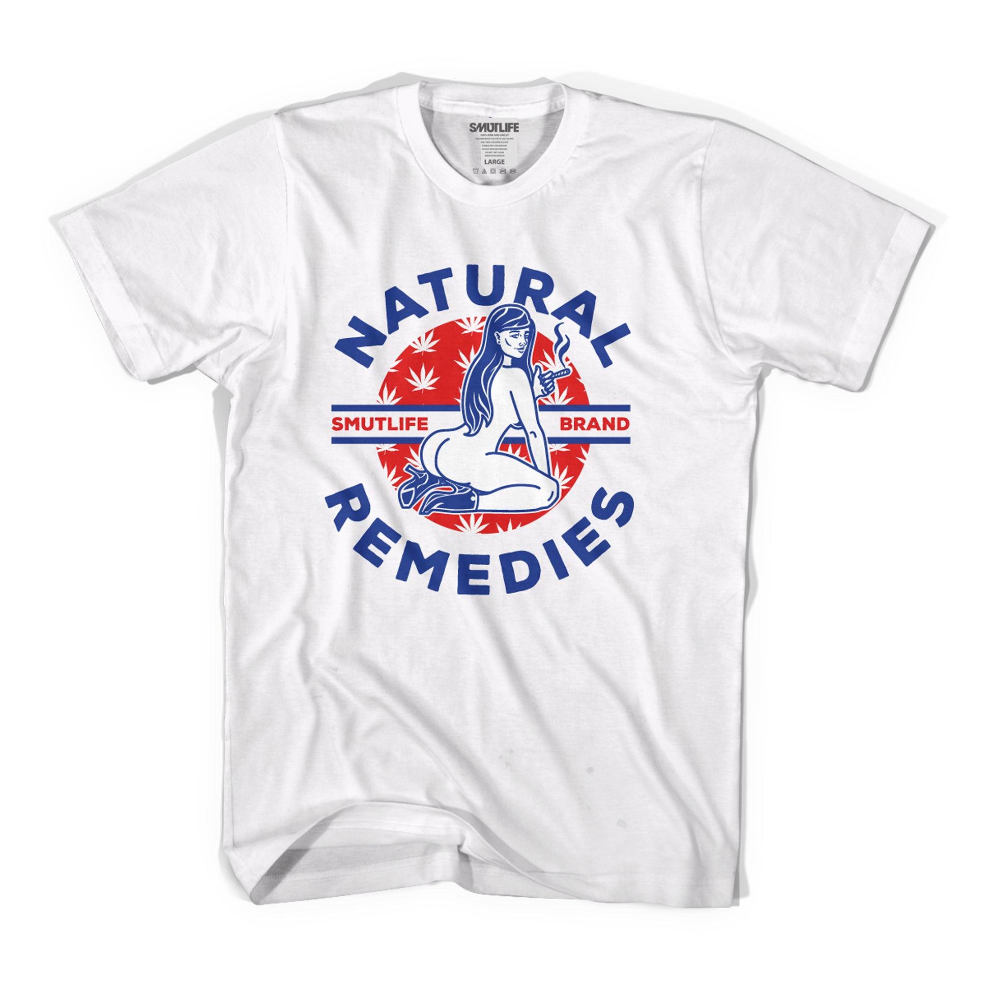 White combed cotton men's tee with "NATURAL REMEDIES" text, a woman smoking, and cannabis leaves.